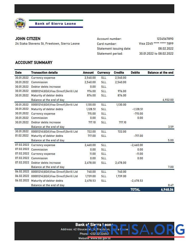 Realistic Sierra Leone Bank of Sierra Leone bank statement excel real example